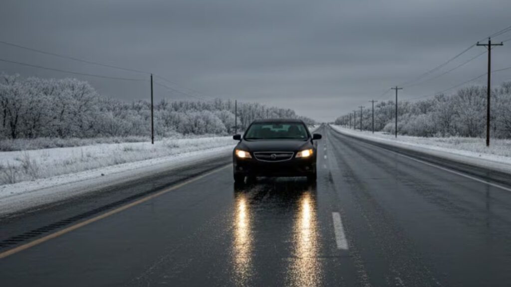 Droga asfaltowa pokryta czarnym lodem