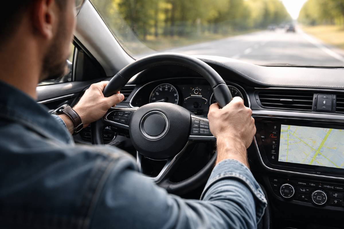 Mężczyzna podczas jazdy trzyma kierownicę obiema rękoma