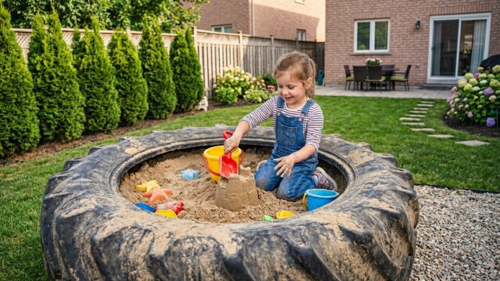 Dziewczynka bawiąca się w piaskownicy z opony rolniczej