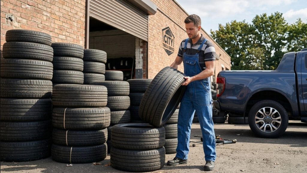 Pracownik serwisu przenosi zużyte opony
