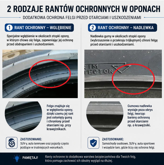 Infografika prezentująca 2 rodzaje rantów ochronnych: nadlewka oraz wgłębienie